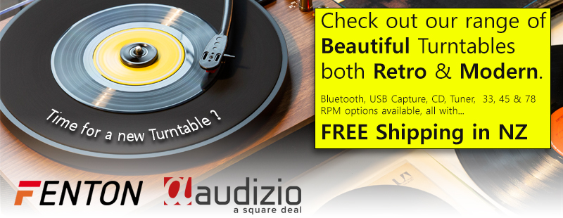 Time for a new turntable? Check out our range of beautiful turntables
    both retro and modern. Bluetooth, USB capture, CD, tuner, 33, 45 & 78 RPM options available, all with free shipping in New Zealand. Includes
    Fenton and Audizio brands.